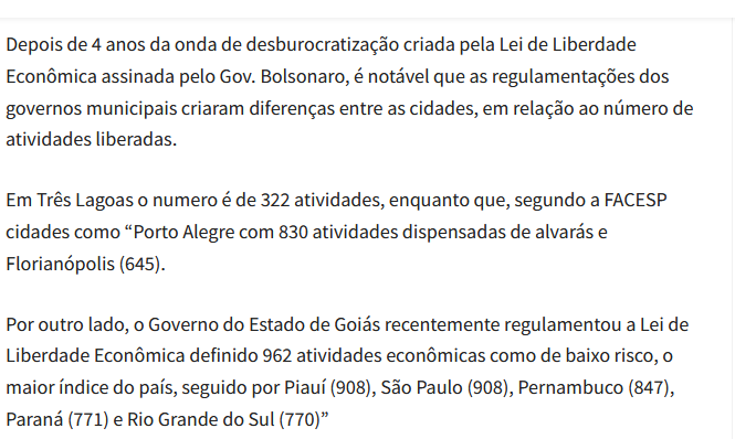 Lei da liberdade econômica deve voltar ao foco das discussões emm Três Lagoas