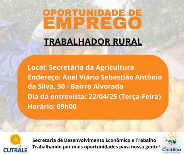 Castilho abre seleção para 30 vagas de trabalhador rural na Cutrale: saiba como participar