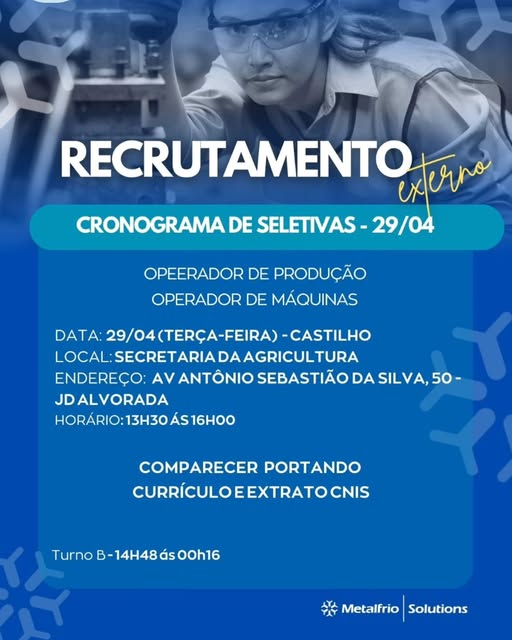Participe da seleção para vaga de emprego em Castilho com a empresa Metalfrio no dia 29-04. Confira as vagas, horários e documentos necessários!