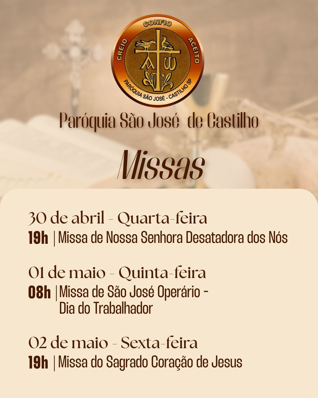 Horário de Missa na Paróquia São José de Castilho