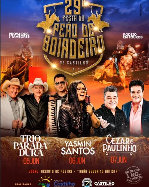 A festa do peão em Castilho 2025 acontecerá de 5 a 7 de junho com entrada gratuita, shows de Trio Parada Dura, Yasmin Santos e encerramento com Cesar & Paulinho. Confira a programação completa!