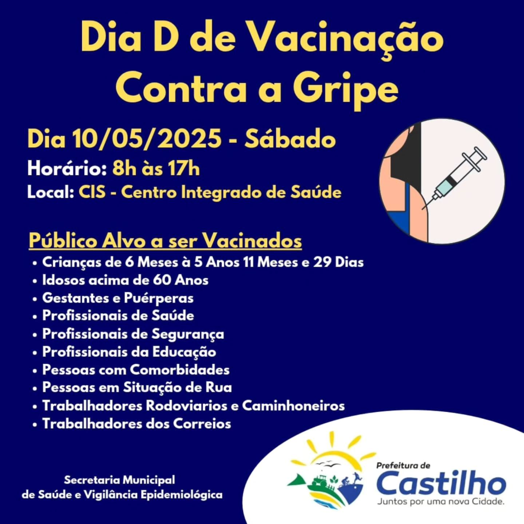 Castilho realiza o Dia D da vacina contra gripe em 2025 no próximo sábado, 10 de maio, no CIS. Confira os grupos prioritários e prepare-se para se proteger.