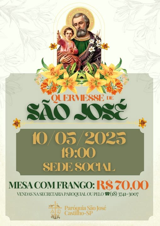 Participe da Quermesse da Paróquia São José 2025 em Castilho no dia 10/05 às 19h!