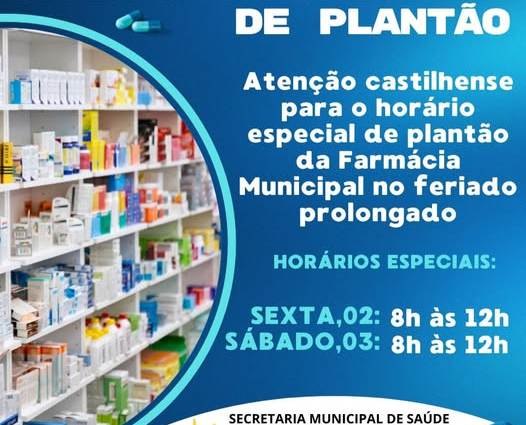 Plantão da Farmácia Municipal de Castilho garante atendimento no feriado de 1 a 4 de maio