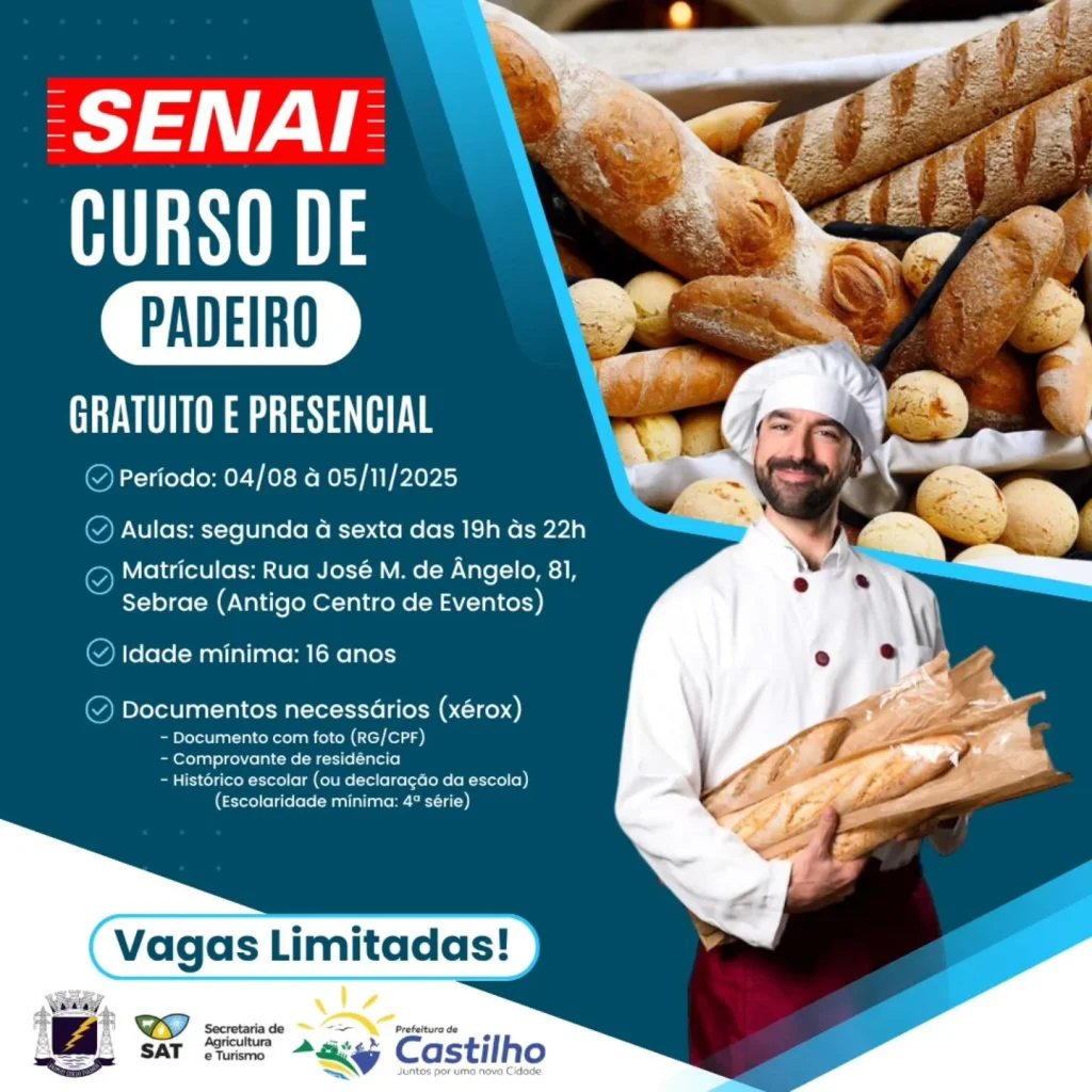 Curso de Padeiro Castilho SP, curso de padeiro gratuito Castilho, curso presencial Castilho SP, SENAI Castilho 2025, padeiro Castilho SP, panificação em Castilho,